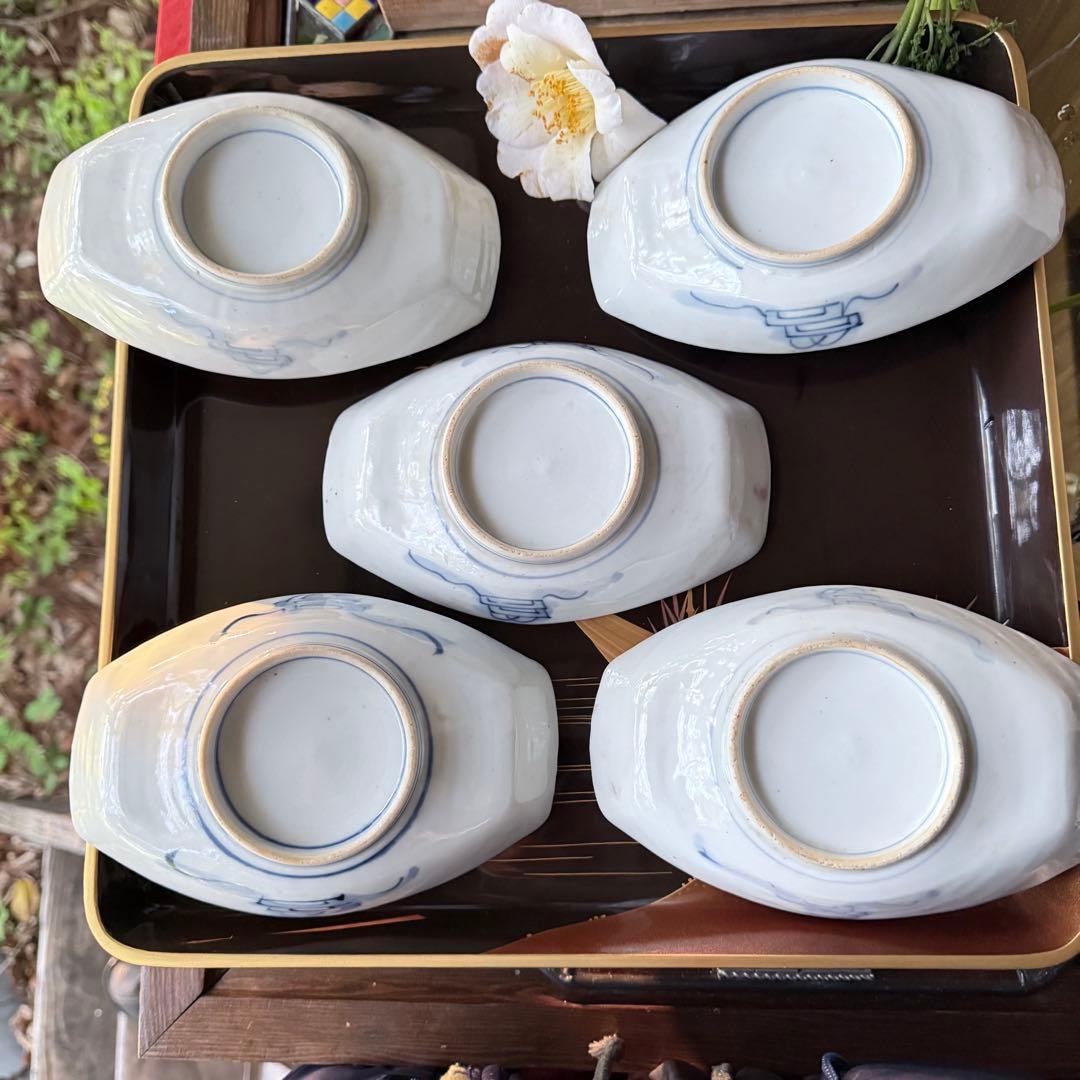 超限定15日20時迄‼️上手伊万里唐獅子牡丹富貴繁栄の舟形膾皿切支丹皿刺身皿 5客