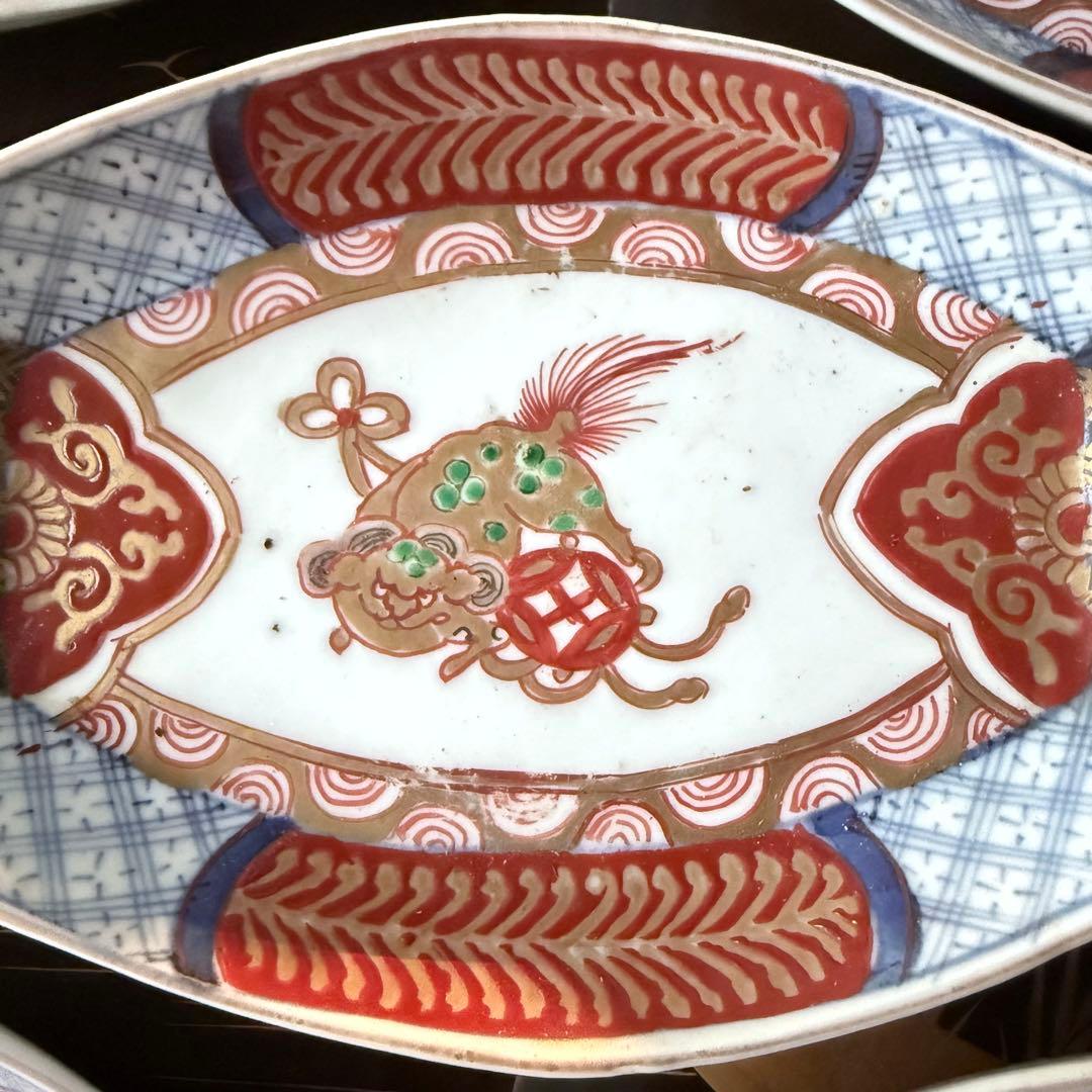 超限定15日20時迄‼️上手伊万里唐獅子牡丹富貴繁栄の舟形膾皿切支丹皿刺身皿 5客