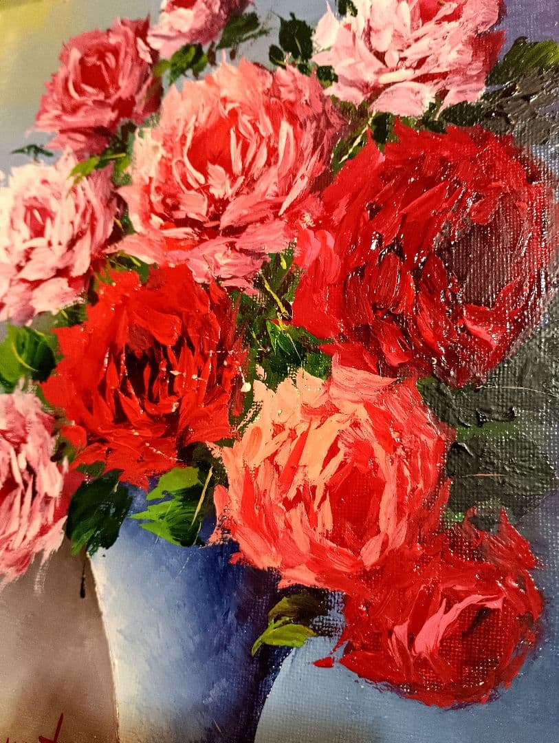 岸本芳雄 油彩　キャンバス　薔薇　花　バラ　F3号 赤　ピンク　シルバー