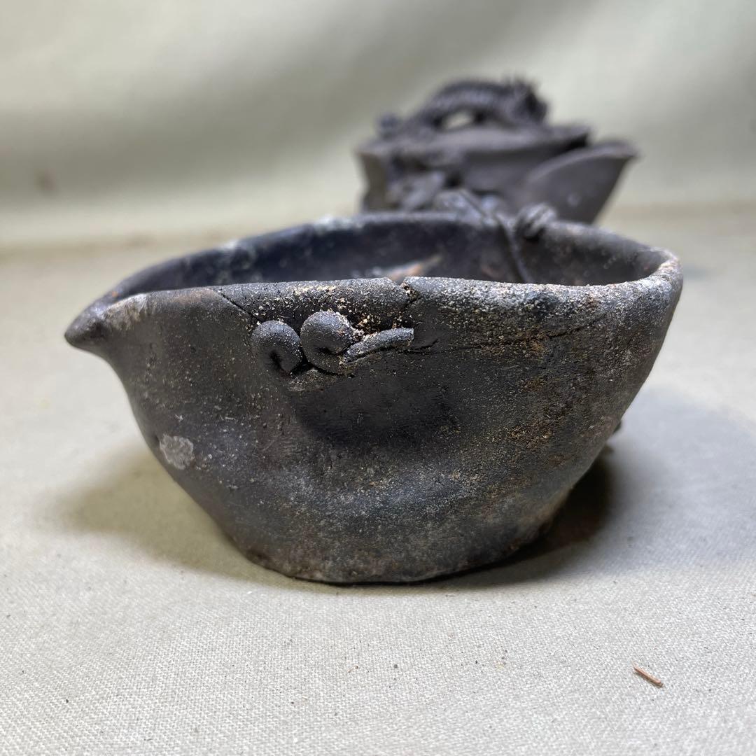 時代 備前双龍宝瓶湯冷炭化青備前 窯変 双竜　手造　煎茶道具　備前焼 急須茶器