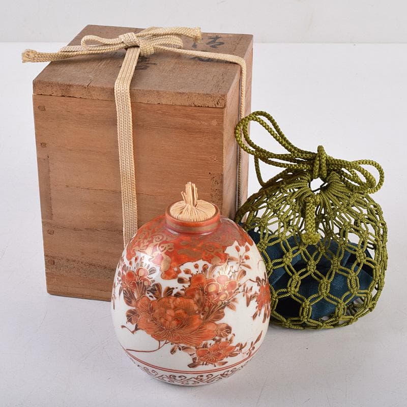 九谷焼　古九谷　赤絵金彩　花鳥文　振出　合わせ箱　M　R8981