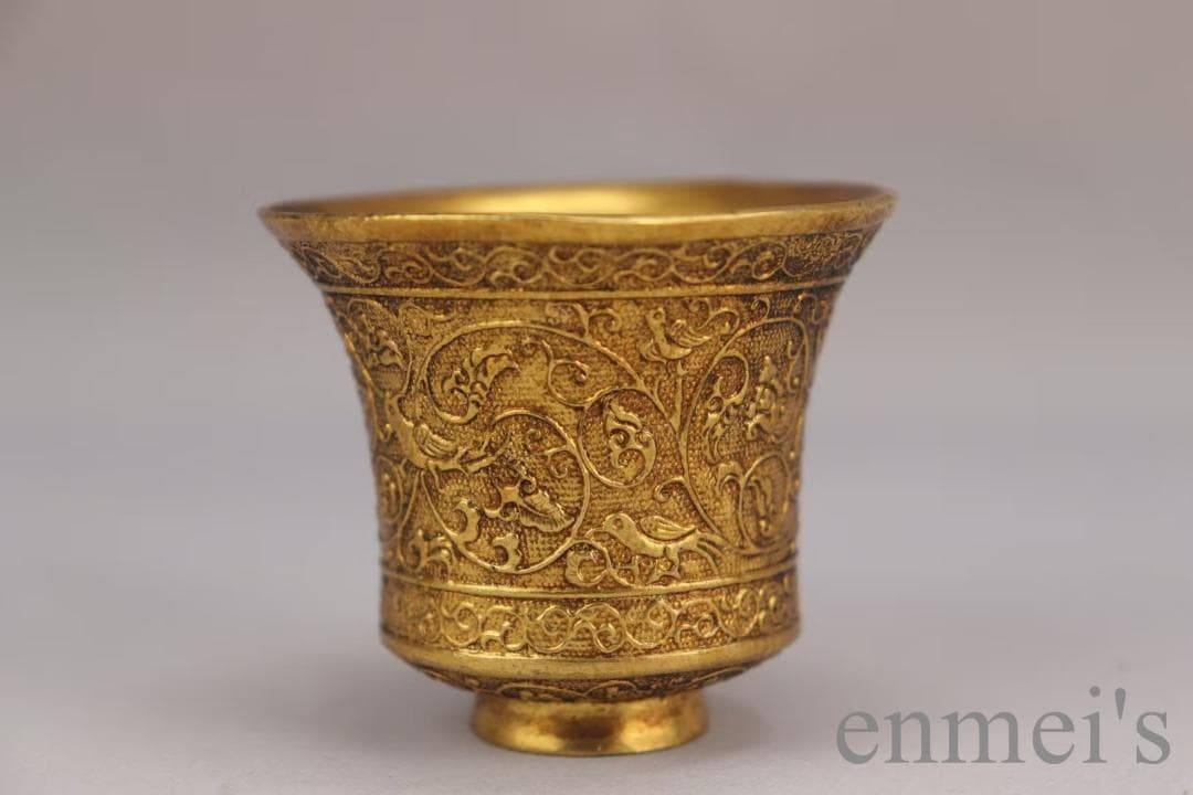中国古美術 旧蔵 唐代 大唐貞觀款 鍍金銅酒杯 精銅製 小盃 純手作り 鍍金装飾