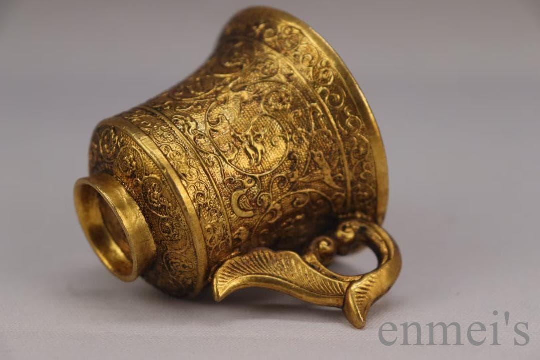 中国古美術 旧蔵 唐代 大唐貞觀款 鍍金銅酒杯 精銅製 小盃 純手作り 鍍金装飾