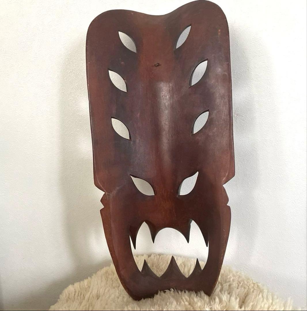 木製彫刻マスク ダークブラウン　インドネシア　お面　お土産　ヴィンテージ