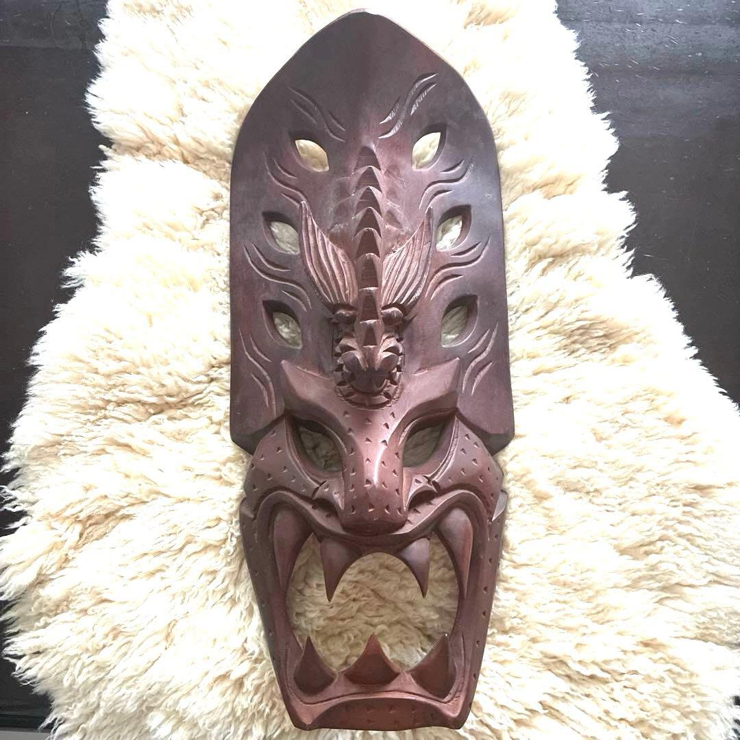 木製彫刻マスク ダークブラウン　インドネシア　お面　お土産　ヴィンテージ