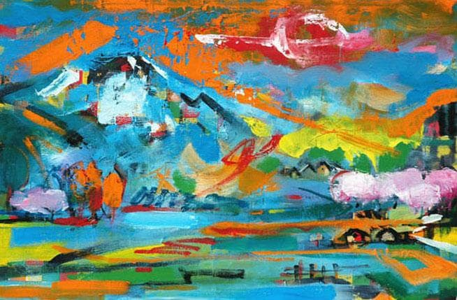 油絵 菅家令子 絵 絵画インテリア額付(黒) uF6-063203田園風景朝夕陽