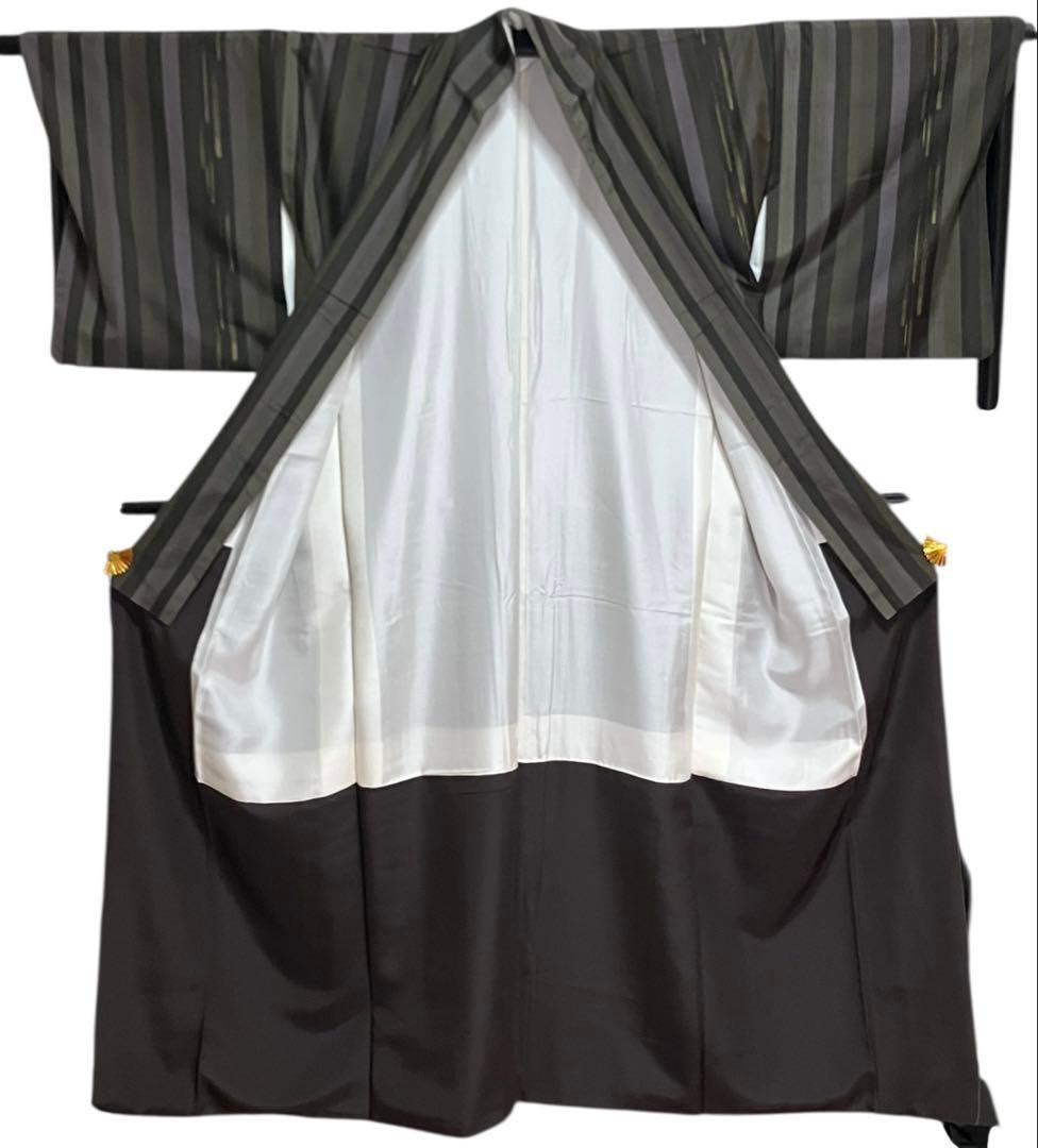 結城紬 はたおり娘 小紋 正絹 縦縞 美品 イ6477