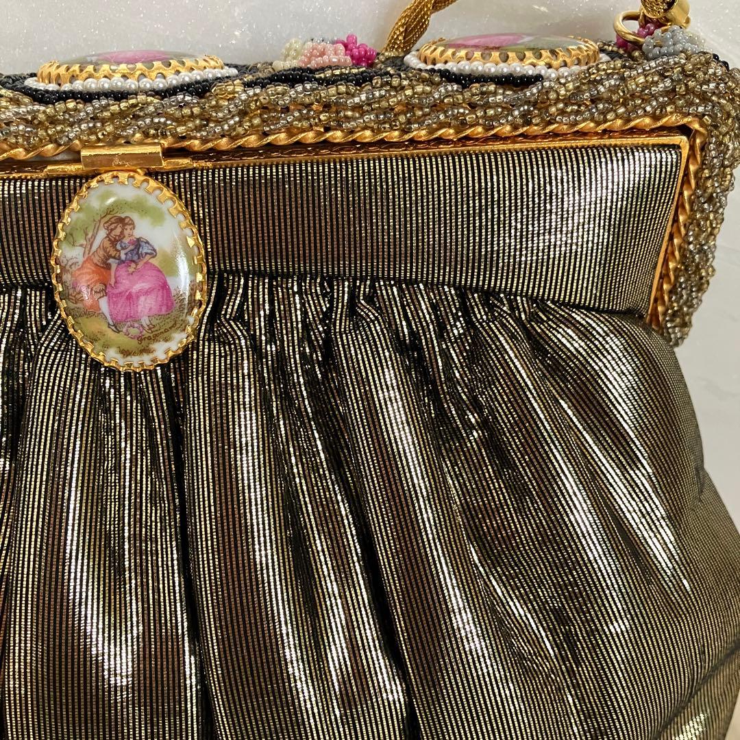 フランス　アンティークデザイン　パーティバッグ　シックゴールド＆陶器＆ビーズ