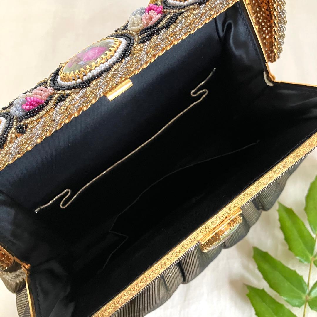 フランス　アンティークデザイン　パーティバッグ　シックゴールド＆陶器＆ビーズ