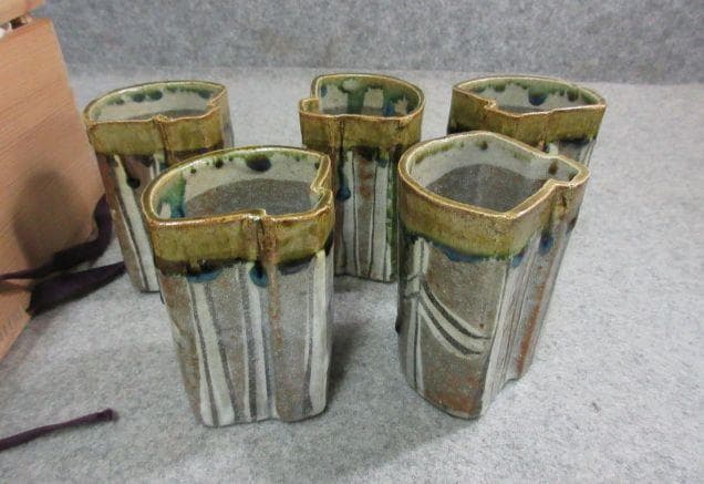 加藤掴也 織部焼 扇面向付 5個 共箱 [B25012]