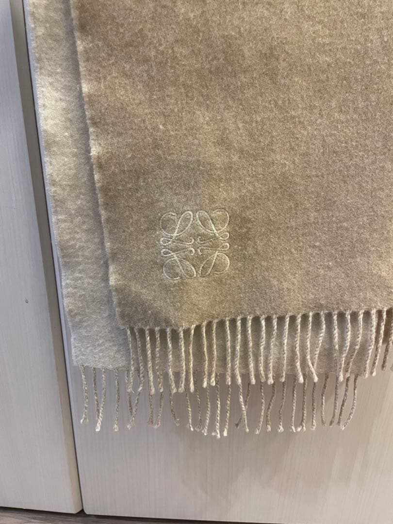 LOEWE アイボリーベージュ フリンジ付きマフラーウール&カシミア