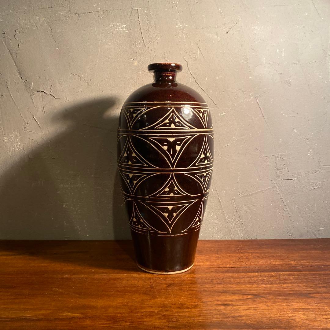 中国美術 磁州窯 黒釉梅瓶 飾り壺 花器 オブジェ インテリア 幾何学模様