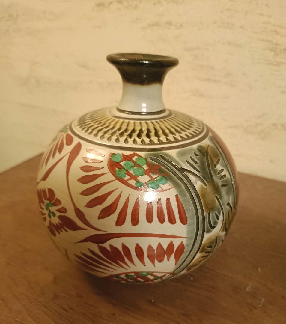 やちむん 花瓶 一輪挿し 壺屋焼 赤絵黍文 沖縄 琉球 花入 窯物