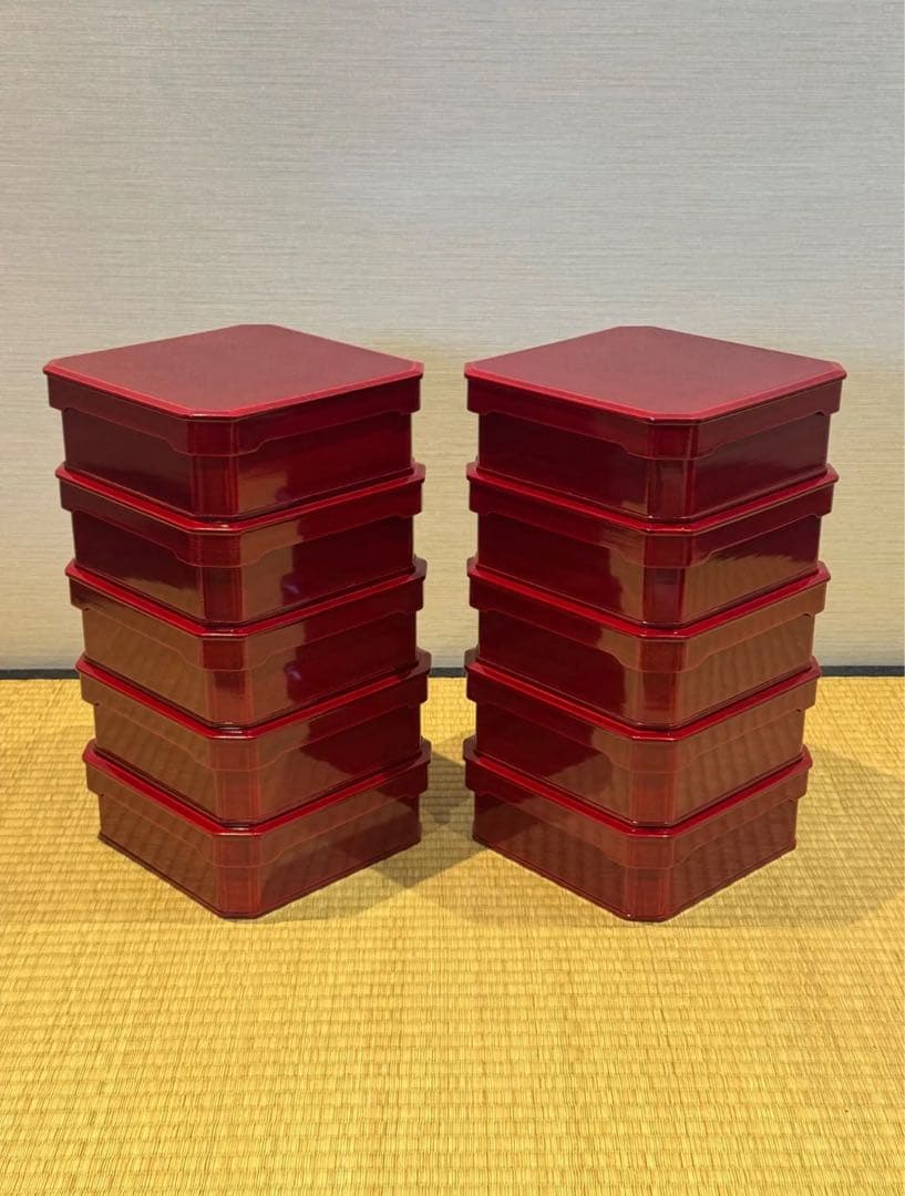 塗師 堅地屋清兵衛 作 飛騨紅春慶塗 大徳寺弁当箱 10客 縁高 共箱 茶懐石