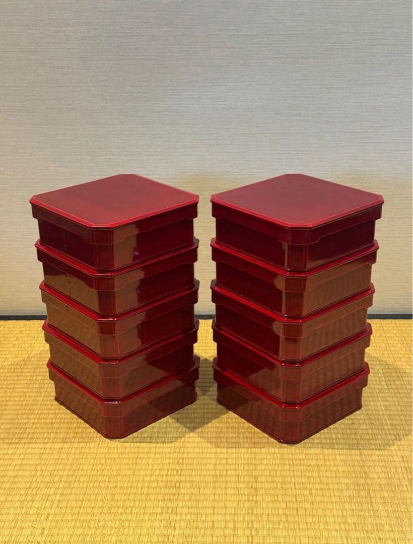 塗師 堅地屋清兵衛 作 飛騨紅春慶塗 大徳寺弁当箱 10客 縁高 共箱 茶懐石