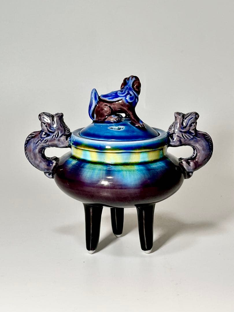 人間国宝 三代徳田八十吉 碧明釉三足香炉 九谷焼