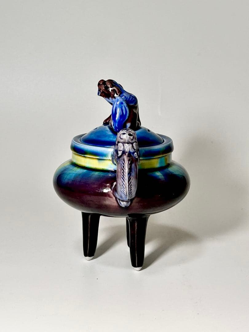 人間国宝 三代徳田八十吉 碧明釉三足香炉 九谷焼