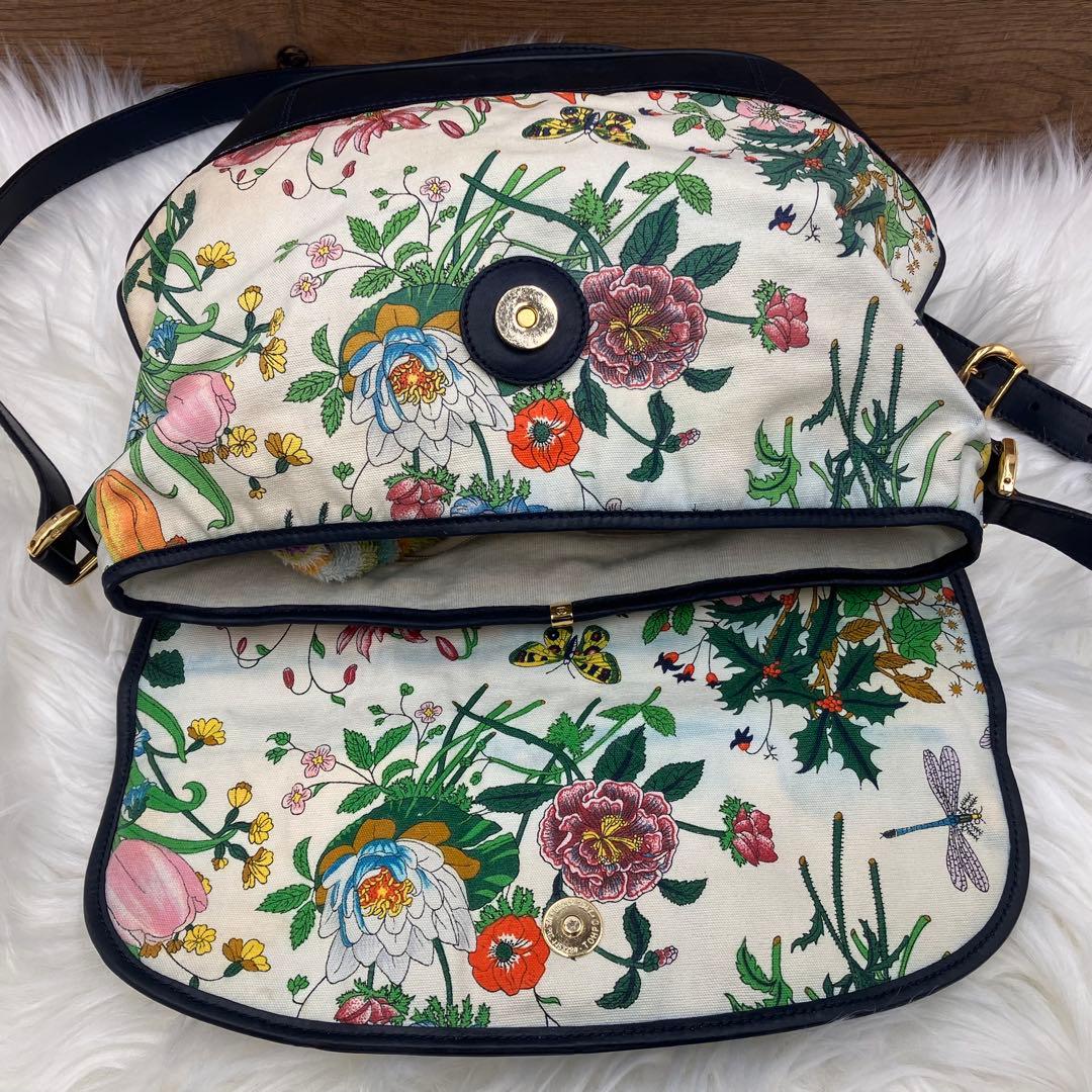 専用GUCCI オールド グッチ　フローラ キャンバスネイビーレザー ショルダー