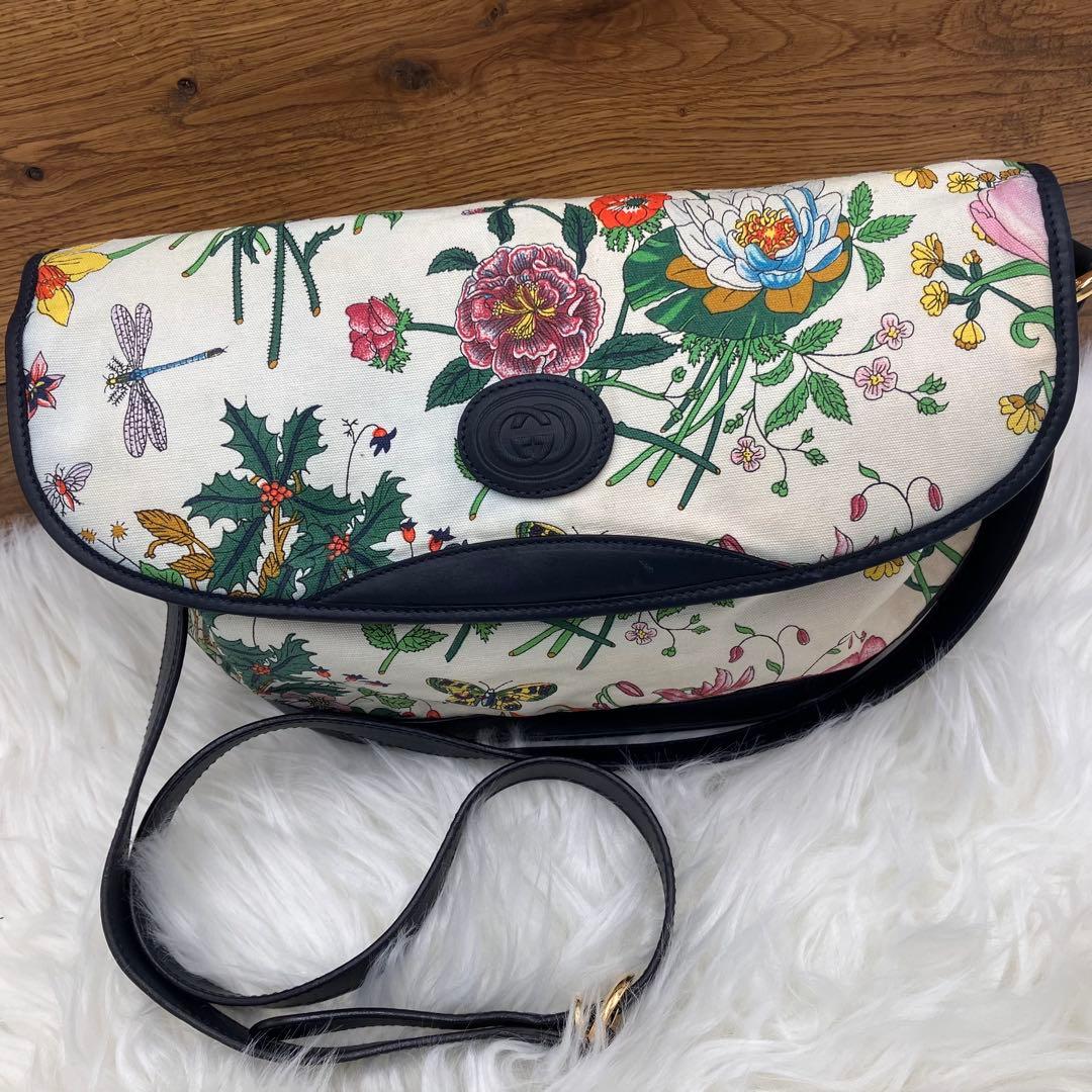 専用GUCCI オールド グッチ　フローラ キャンバスネイビーレザー ショルダー