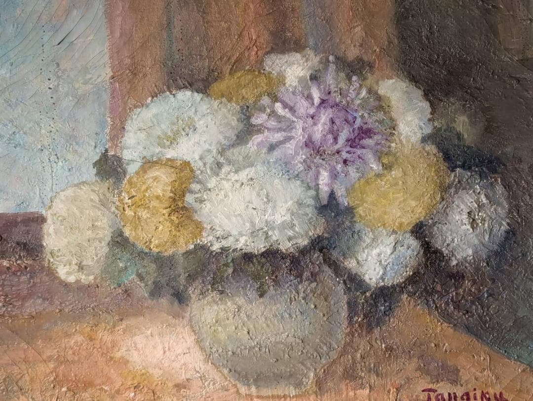 【真作】絵画　油彩8号　優雅な花瓶の菊　柔らかな色彩で描かれた静物画　V136