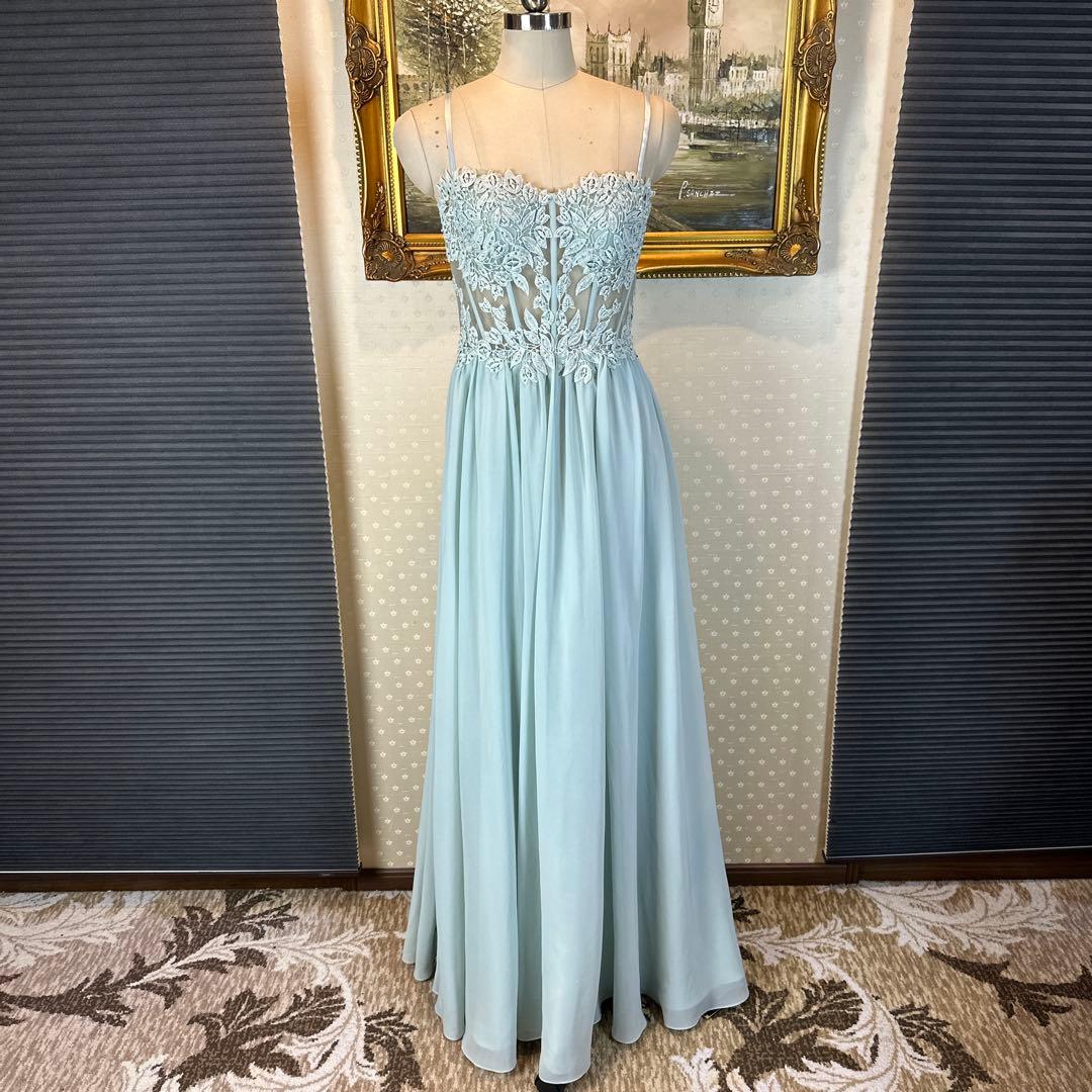 ミントグリーン刺繍スリーブレスロングドレス