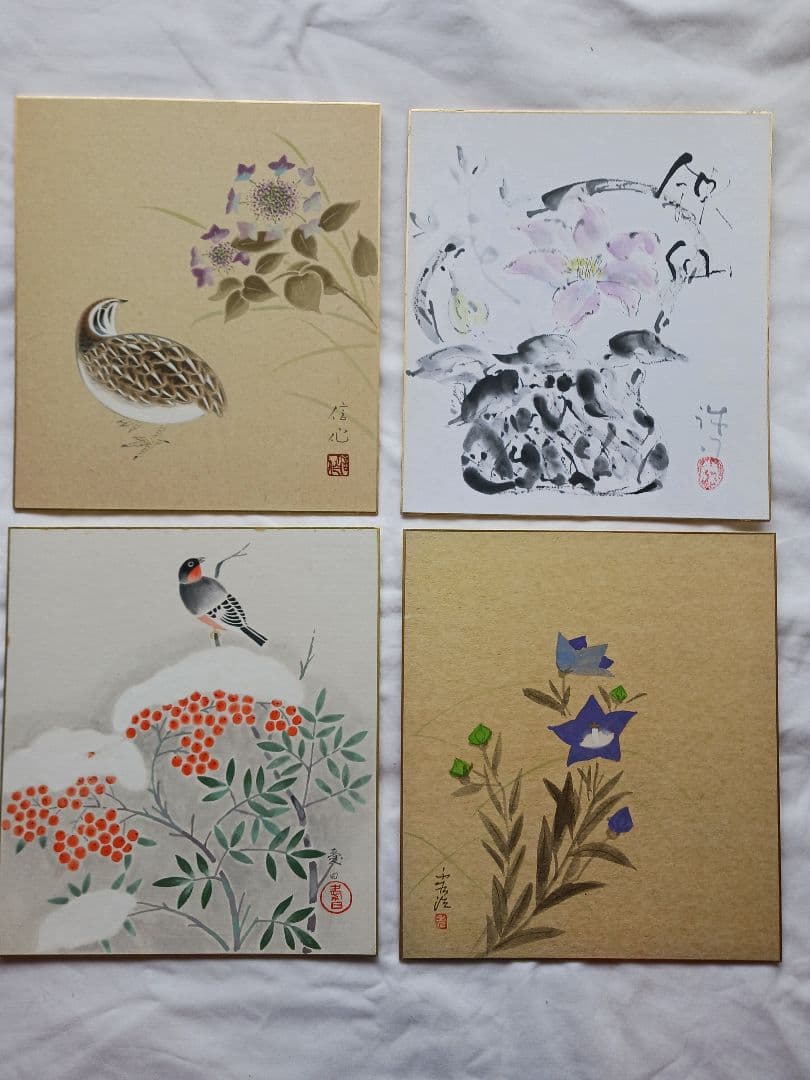 旭日、富士山 など手書き色紙の、8枚セット、送料無料です