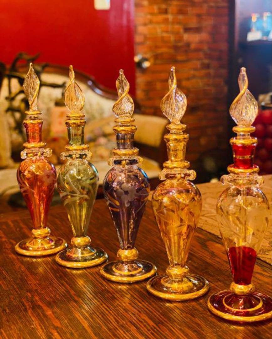 美品　ガラス　エジプト 香水瓶 切子ガラス 工芸ガラス 手吹き 金彩