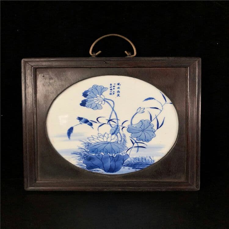 陶磁手描き青花風吹荷笑陶板絵古木枠象眼陶板古典的なインテリアストラップ