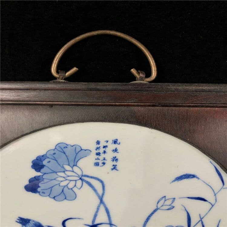 陶磁手描き青花風吹荷笑陶板絵古木枠象眼陶板古典的なインテリアストラップ