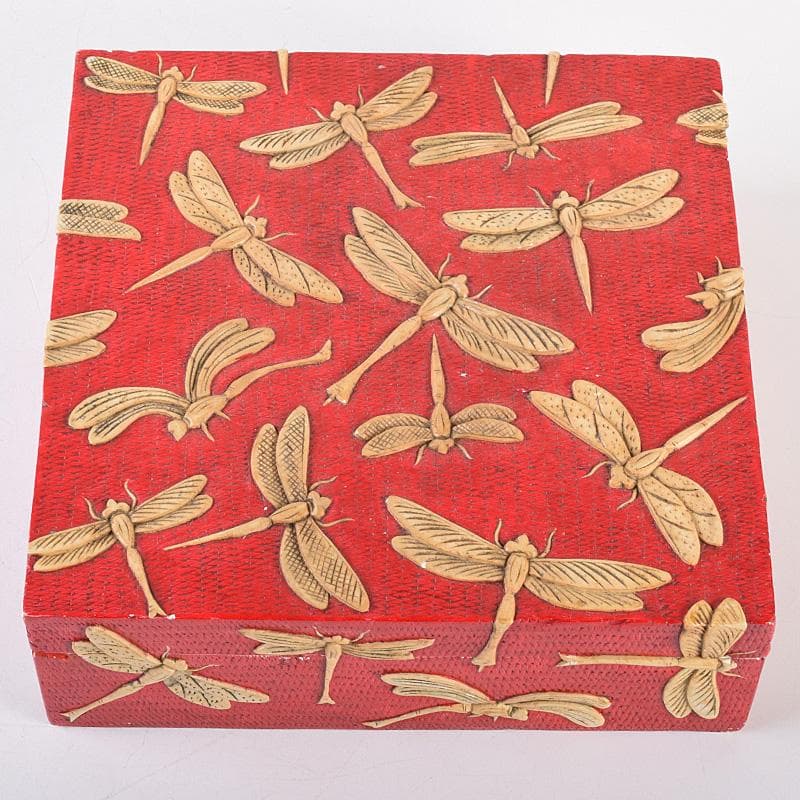 中国　彩色玉石彫刻　蜻蛉彫　四方箱　D　R8492