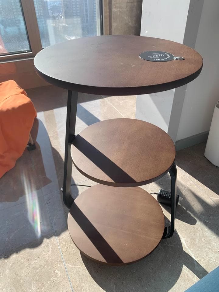 3段木製サイドテーブル 間接照明 ワイヤレス充電機能付き 天然木 完成品発送