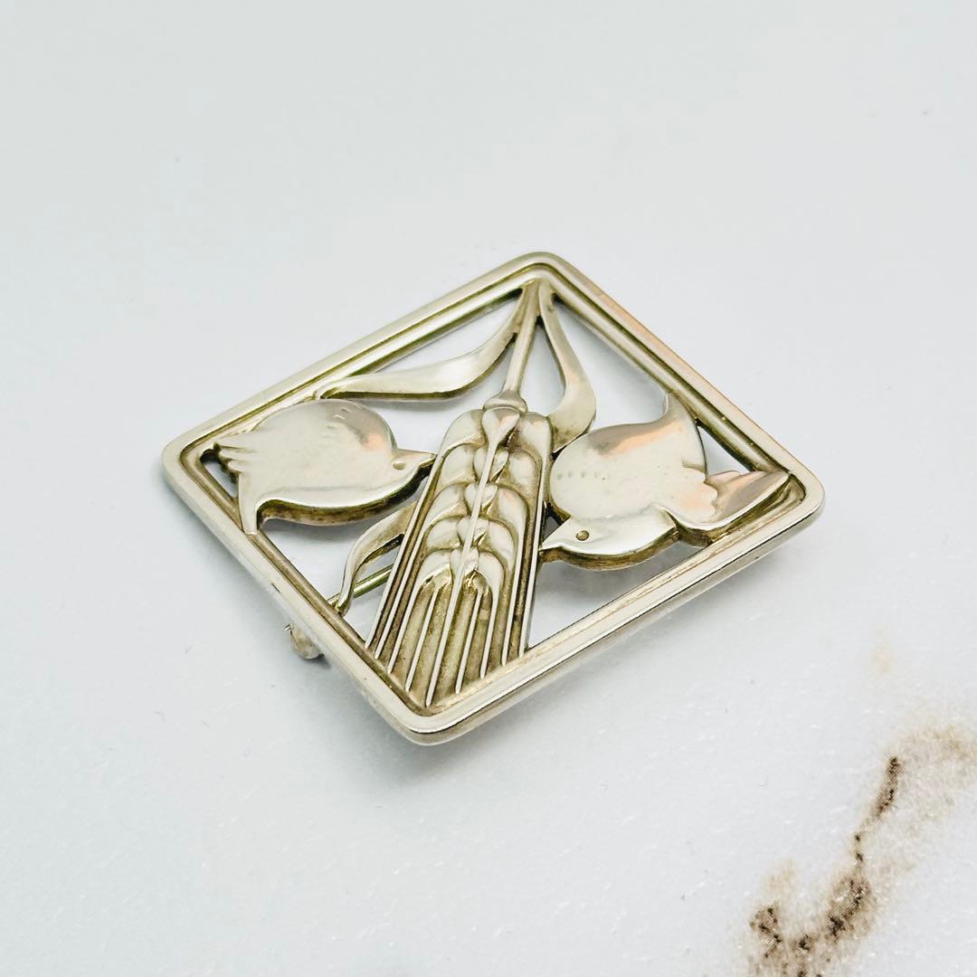   250 シルバーブローチ　スクエア　バード　小鳥　麦