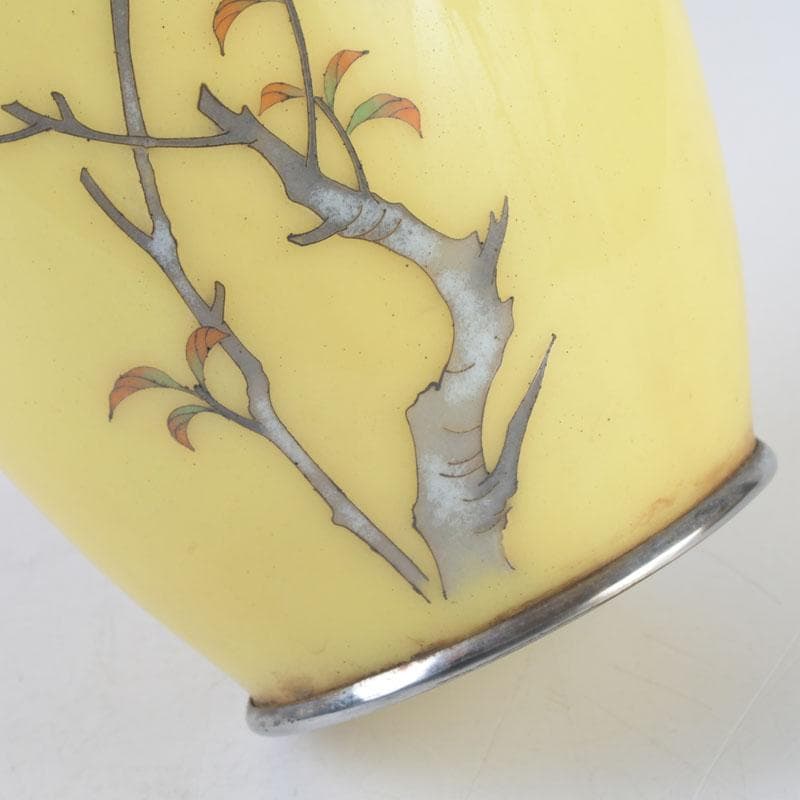 七宝焼　黄釉　花鳥文　花瓶　唐木台・箱付　D　9821