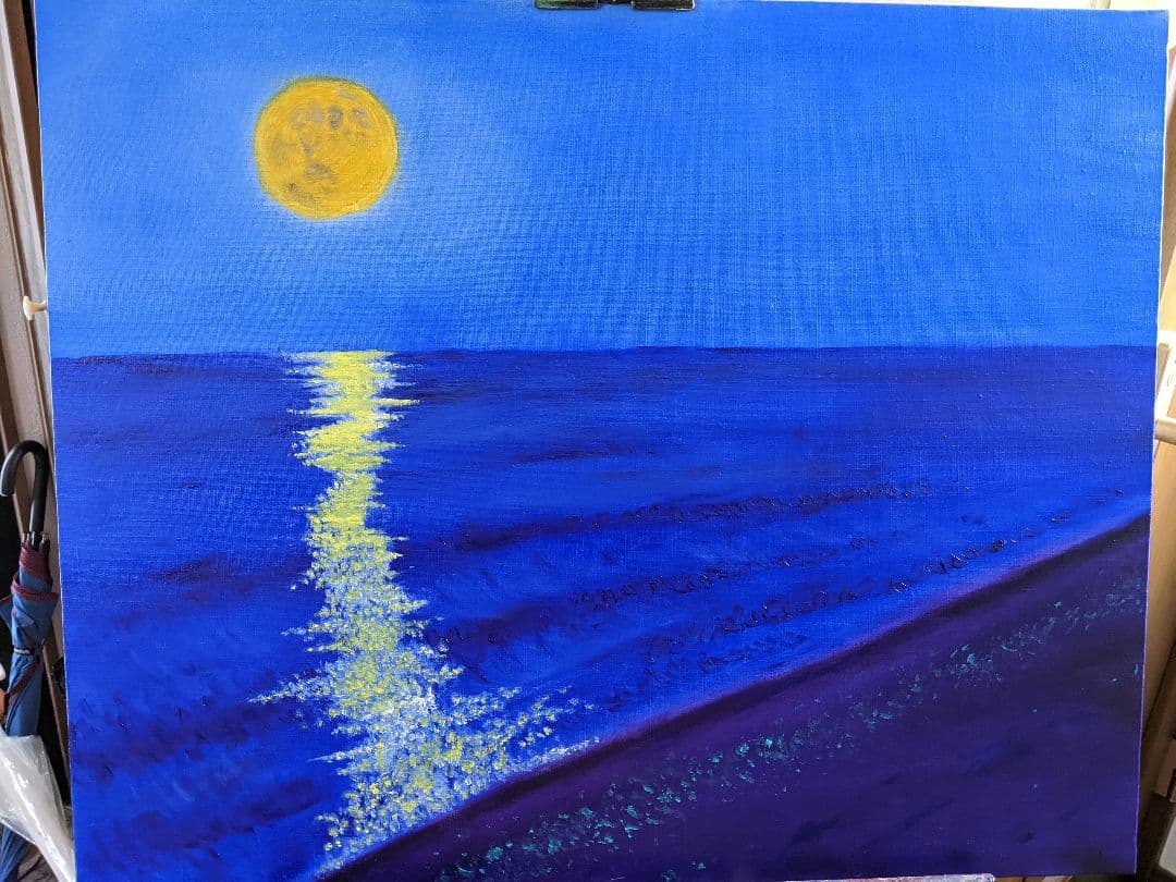 油絵、月海夜