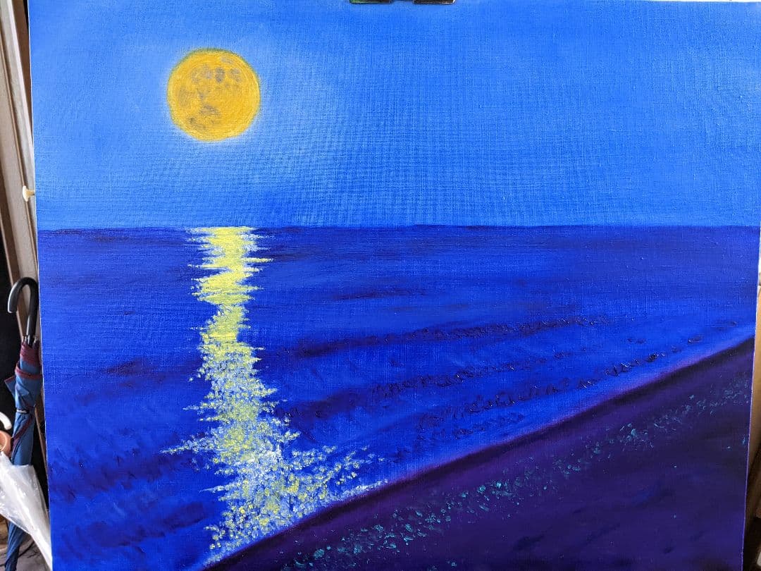 油絵、月海夜