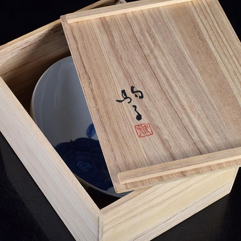 陶芸家　黒部駒子作　染付　椿文　楕円鉢　共箱　V　R9347