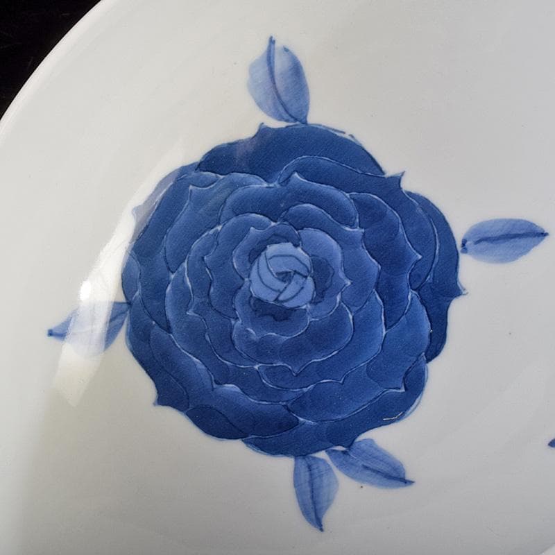 陶芸家　黒部駒子作　染付　椿文　楕円鉢　共箱　V　R9347