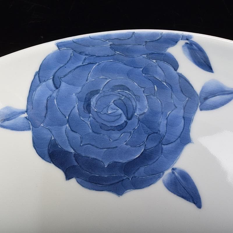 陶芸家　黒部駒子作　染付　椿文　楕円鉢　共箱　V　R9347