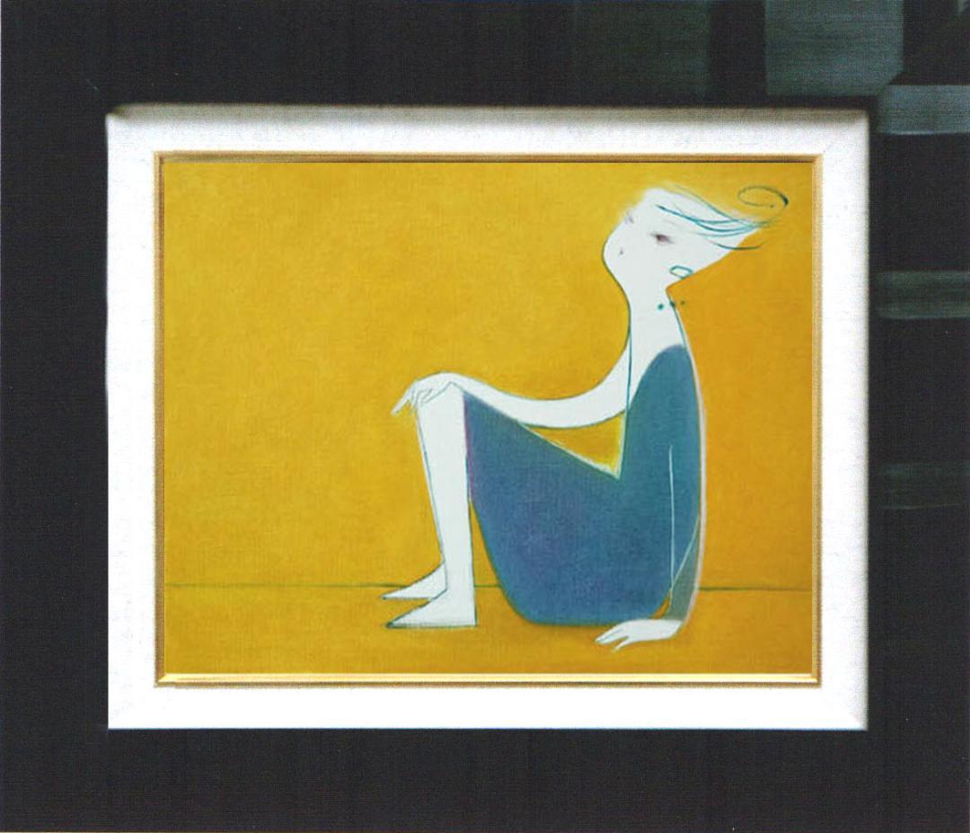 油絵 菅家令子 絵 絵画インテリア額付(青緑＋金色の枠) F4-071612女性