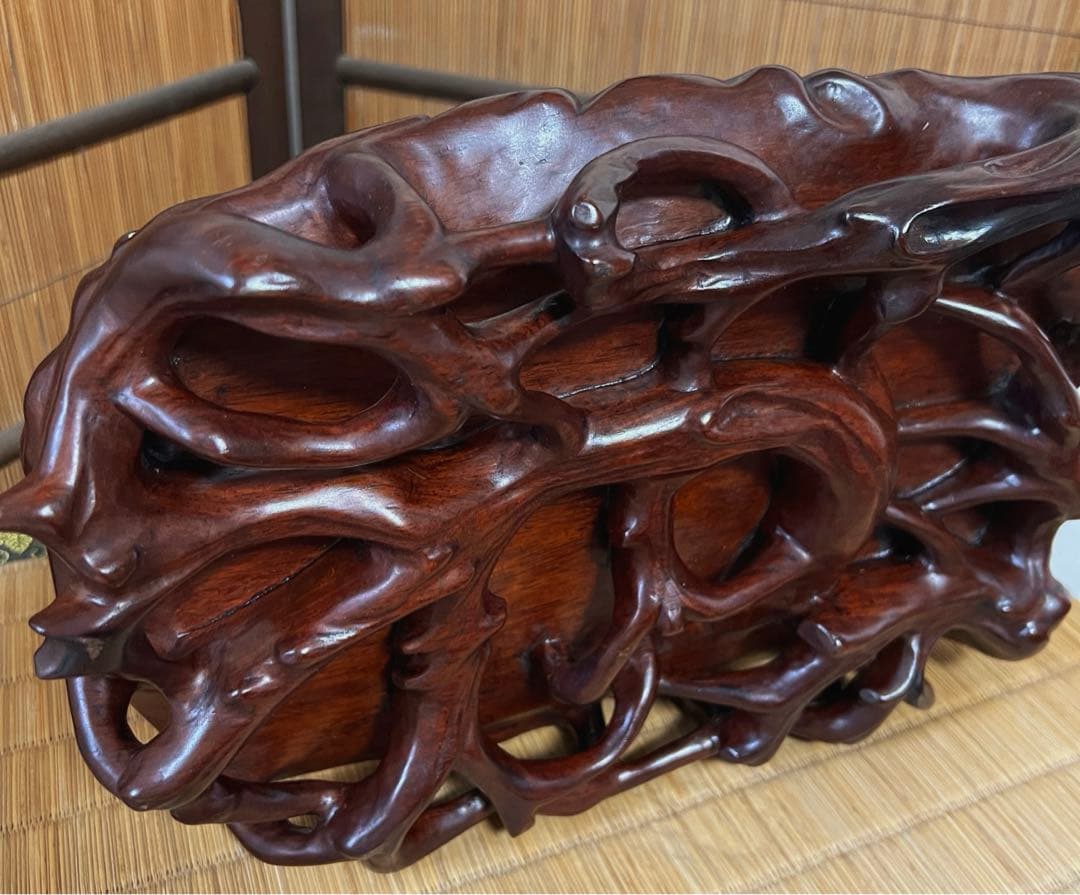 根卓 天然無垢材 透かし根彫り 花台 香台 盆栽台 約3㎏