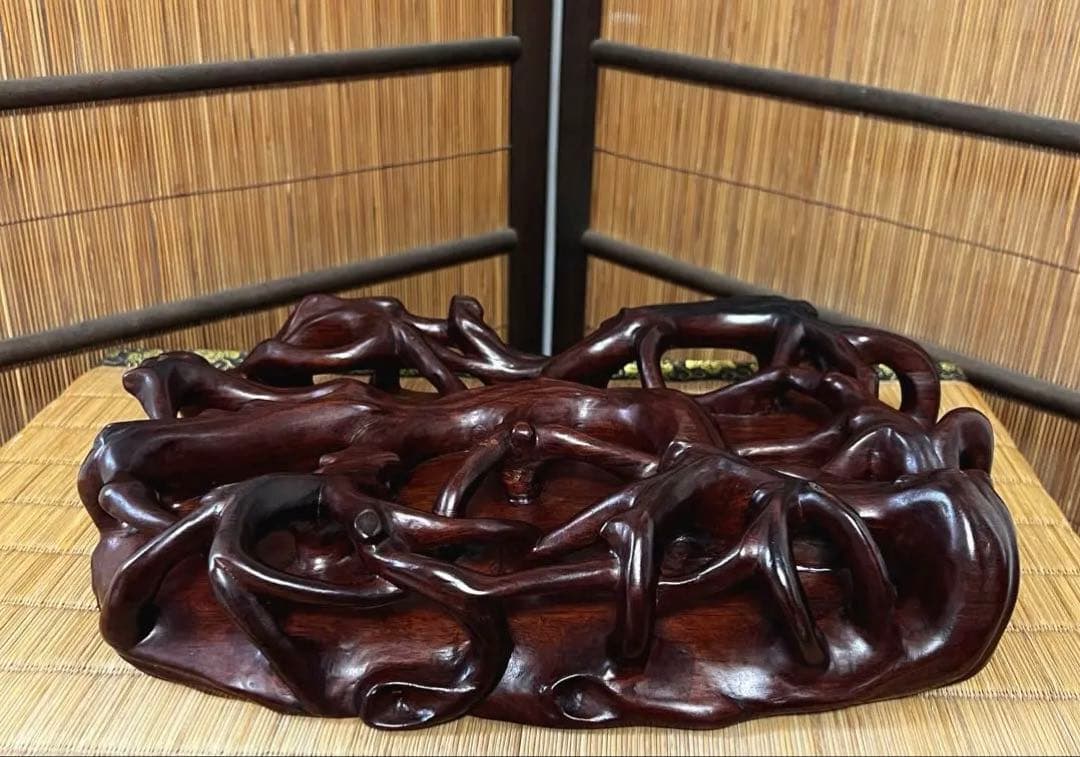 根卓 天然無垢材 透かし根彫り 花台 香台 盆栽台 約3㎏