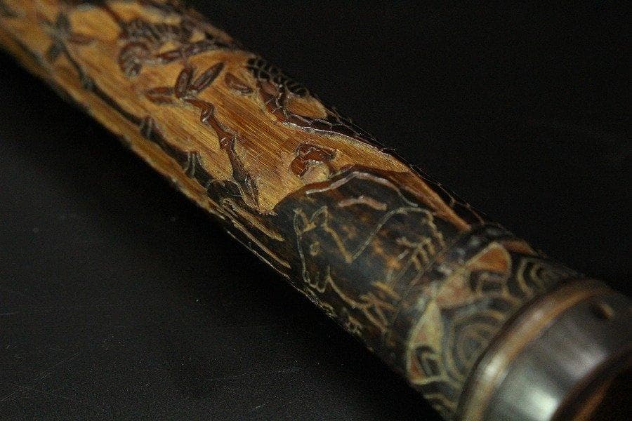 竹 刻花鳥 小筒 高11cm 提物 旧家蔵出