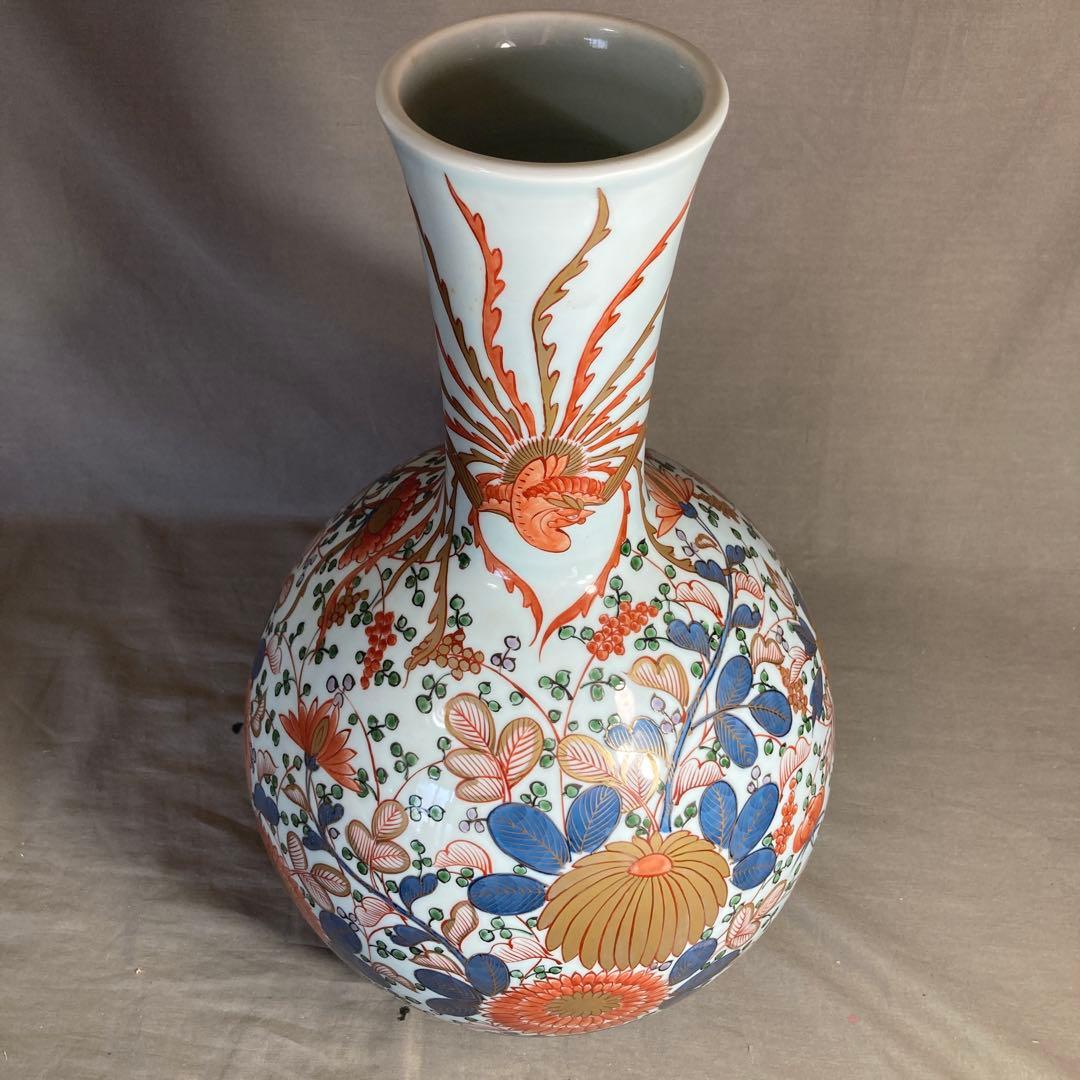 【源右衛門】古伊万里の伝統　日本の名窯　舘林源右衛門作　染錦菊牡丹鳳凰文　大花瓶