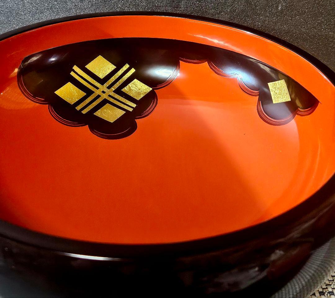 秀衡塗り　丸三漆器製　漆塗り　朱黒漆塗 金彩菱文様　菓子鉢　菓子器　盛鉢　茶道具