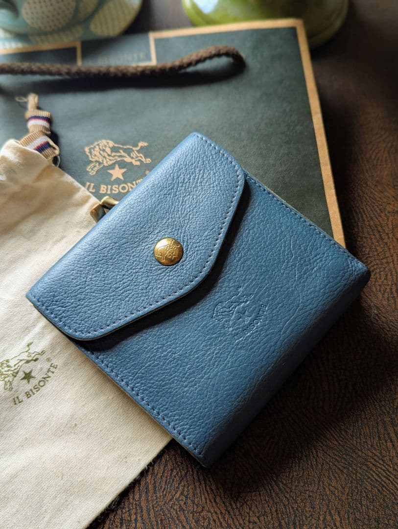 イルビゾンテ【限定色デニムブルー】2つ折り財布 がま口 シボ加工 希少 男女兼用