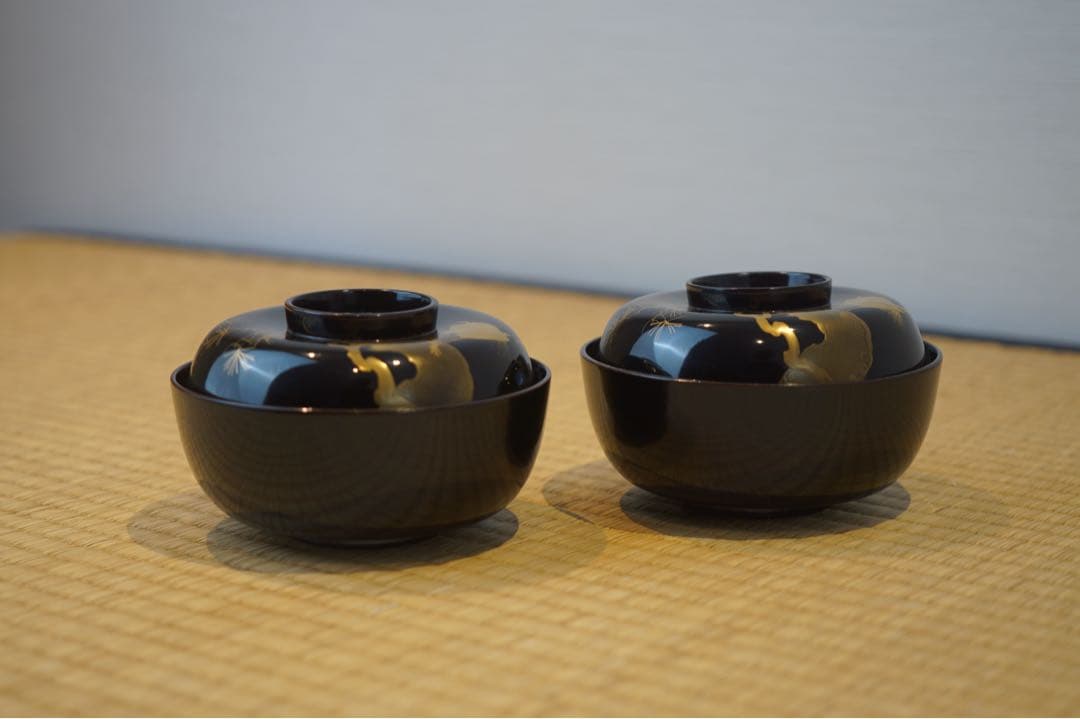 輪島塗 松鶴図金蒔絵 黒漆 吸物椀 2客 / 木製漆器 茶懐石