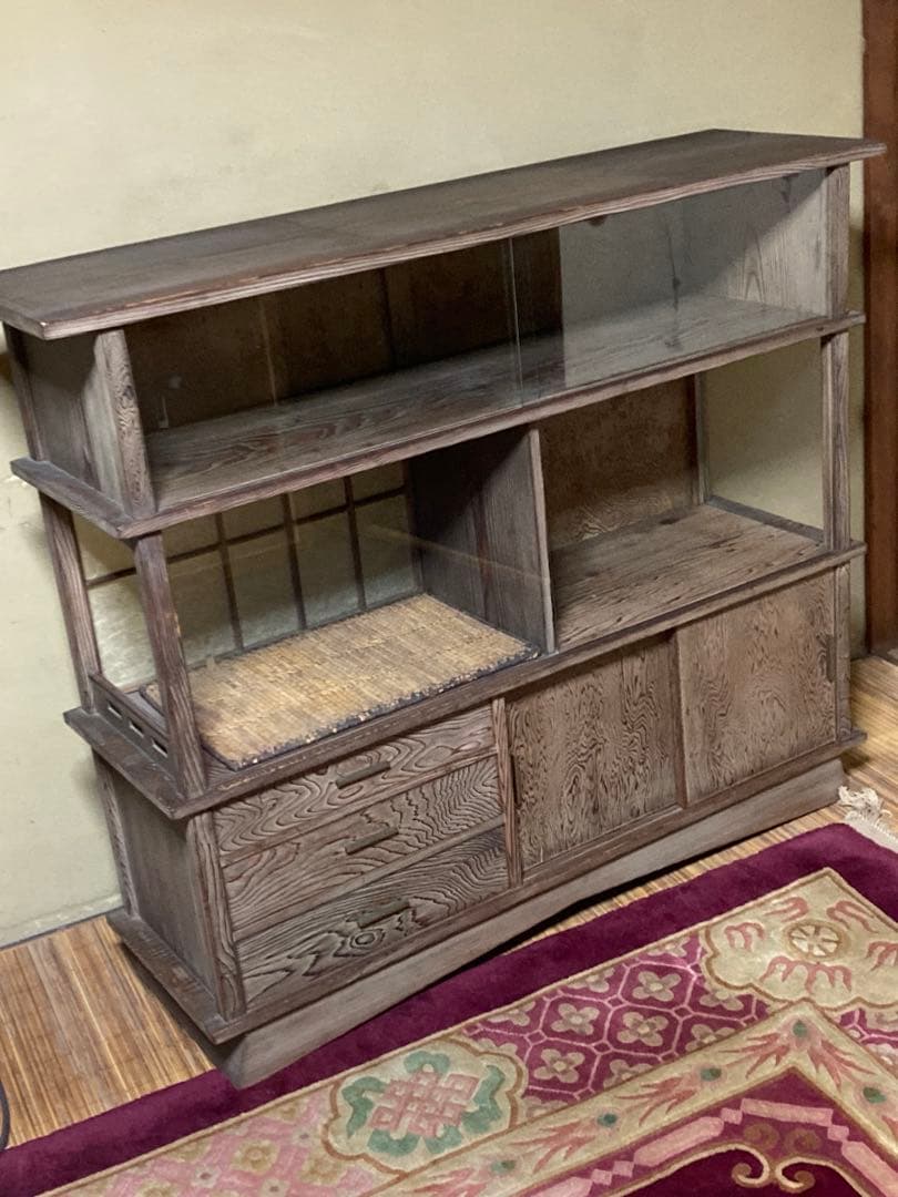 【神代杉】 骨董 アンティーク 飾り棚 茶箪笥 水屋 古民具 天板一枚板