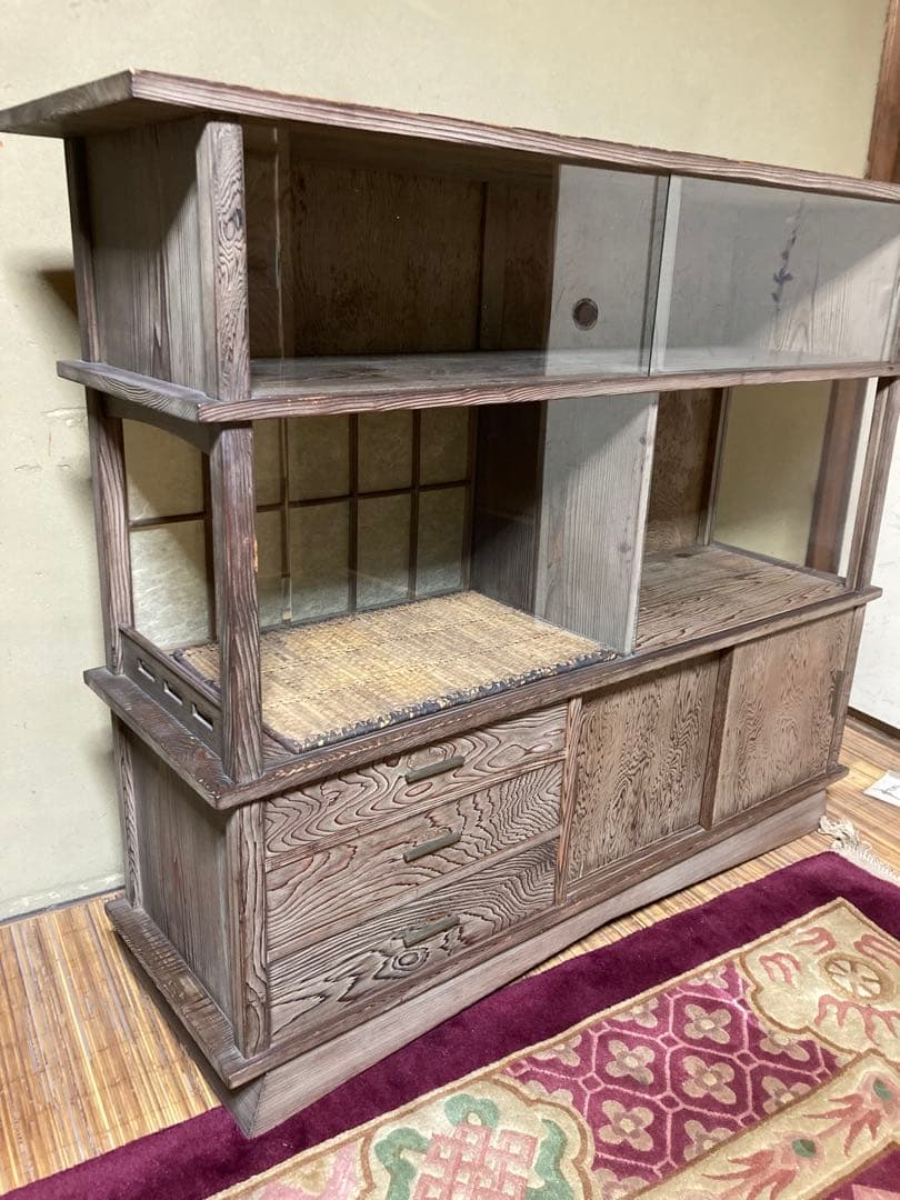 【神代杉】 骨董 アンティーク 飾り棚 茶箪笥 水屋 古民具 天板一枚板