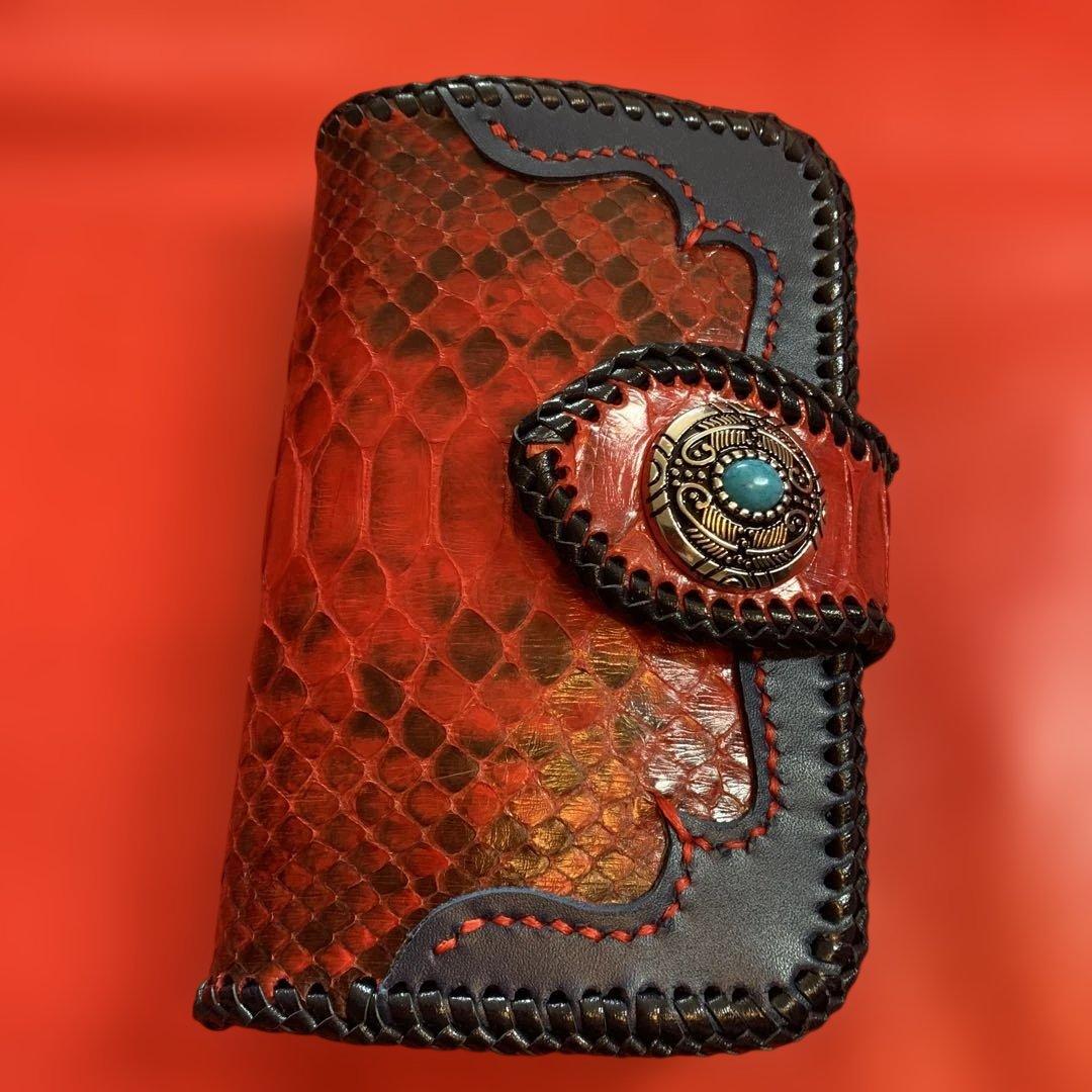 ハンドメイドレザークラフトレッドパイソンミドルウォレット牛革紺色牛レース編み紺色