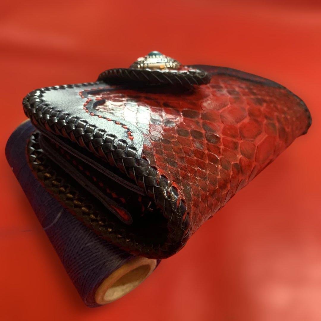 ハンドメイドレザークラフトレッドパイソンミドルウォレット牛革紺色牛レース編み紺色